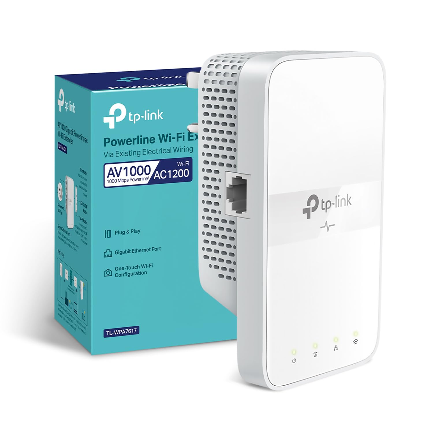 TP-Link TL-WPA7617 AV1000 Gigabit Passthrough Powerline Adapter Kit, Dual-Band WiFi Booster Speed up to 1200 Mbps, One-Touch Wi-Fi Configuration, Auto-Sync, 4K Streaming, No Configuration Required