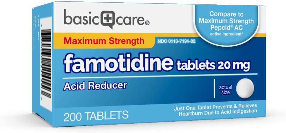  Basic Care Maximum Strength Famotidine Tablets 20 mg, Acid Reducer for Heartburn Relief, 200 Count: Health & Personal Care