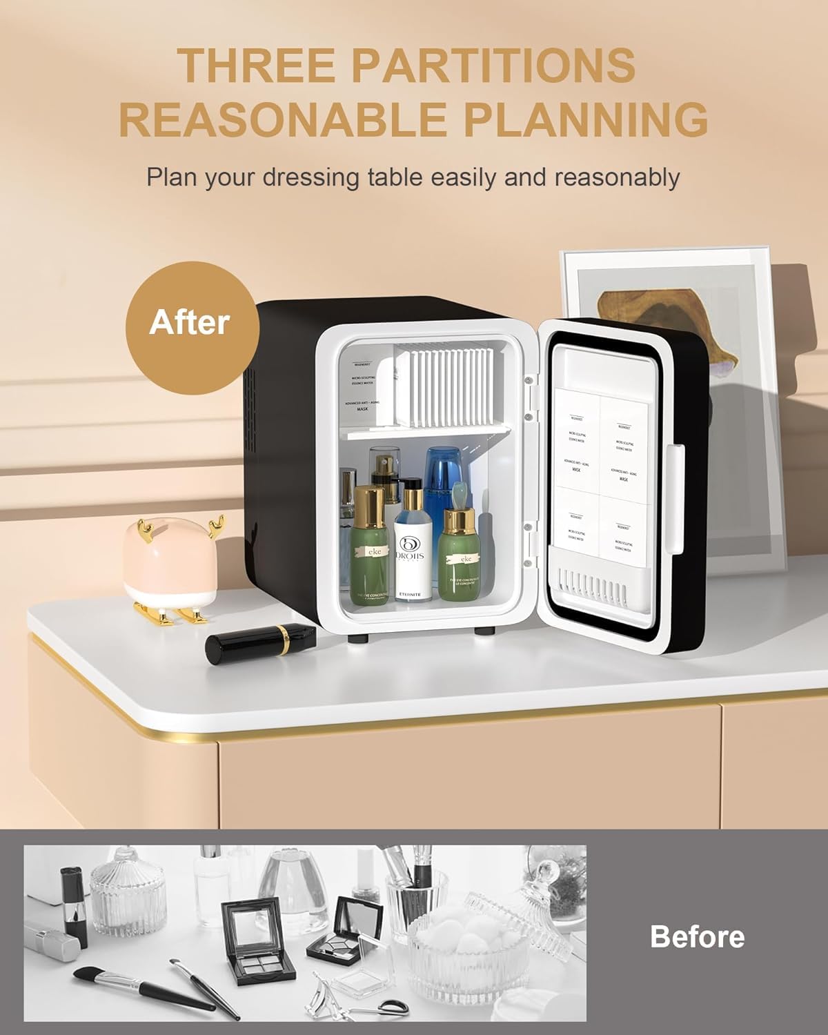 CUTIEWORLD Makeup Fridge With Dimmable LED Light Mirror, 4L Mini Fridge for Bedroom, Car, Office & Dorm, Cooler & Warmer, Portable Small Refrigerator for Cosmetics, Skin Care and Food, Black - Image 7