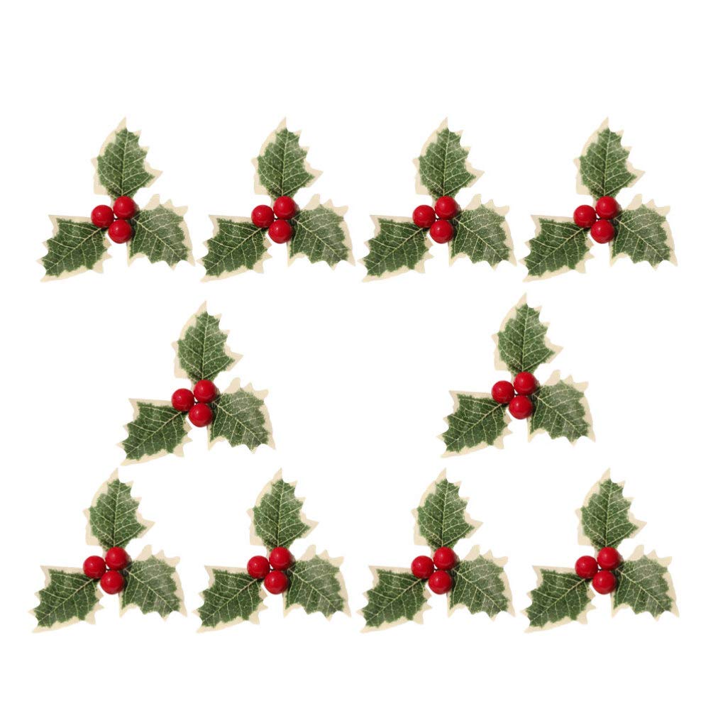 HEALLILY 10Pcs Christmas Red Berries Artificial Holly Berries with Green Leaves Fake Berry Branch for Wreath Arrangement Cake Toppers Wedding Party Decorations(Red)