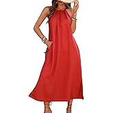 vinglam Summer Women's 100% Linen Midi Dress Casual Sleeveless Baggy Dresses with Slit