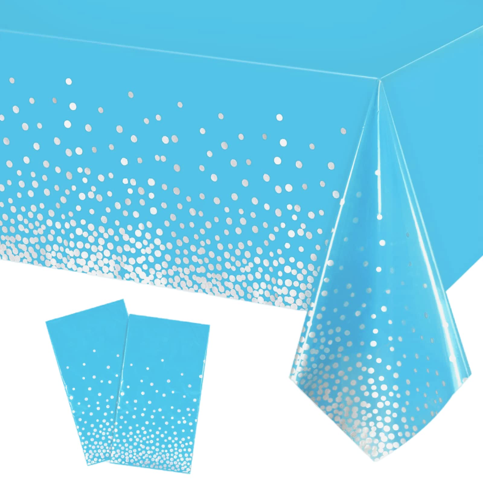POPOYU 2Pcs Disposable Blue and Silver Dot Confetti Party Table Cloth 54*108 inch Large Plastic Waterproof Table Cover Rectangular Tablecloth for Birthday,Baby Shower,Wedding,Picnic,Party Decoration