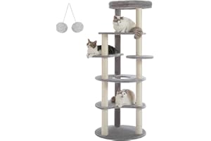 PETEPELA 61" Cat Tree for Indoor Cats, Cat Climbing Tower with 9 Sisal Scratching Posts [6-Levels] Circular Play Floor and Replacable Dangling Ball Top Perch Grey