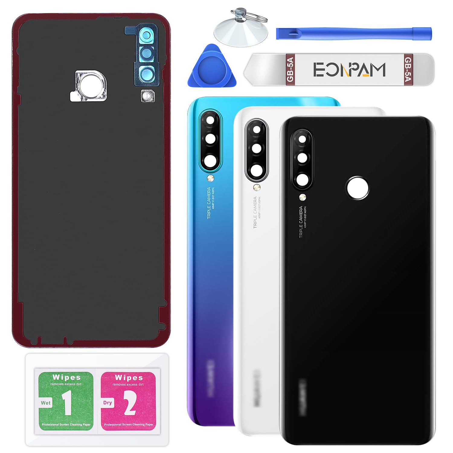 Eonpam Back Cover Glass for Huawei P30 Lite Rear Glass Replacement with Camera Lens + Repair Kit Genuine Rear Housing (Midnight Black)
