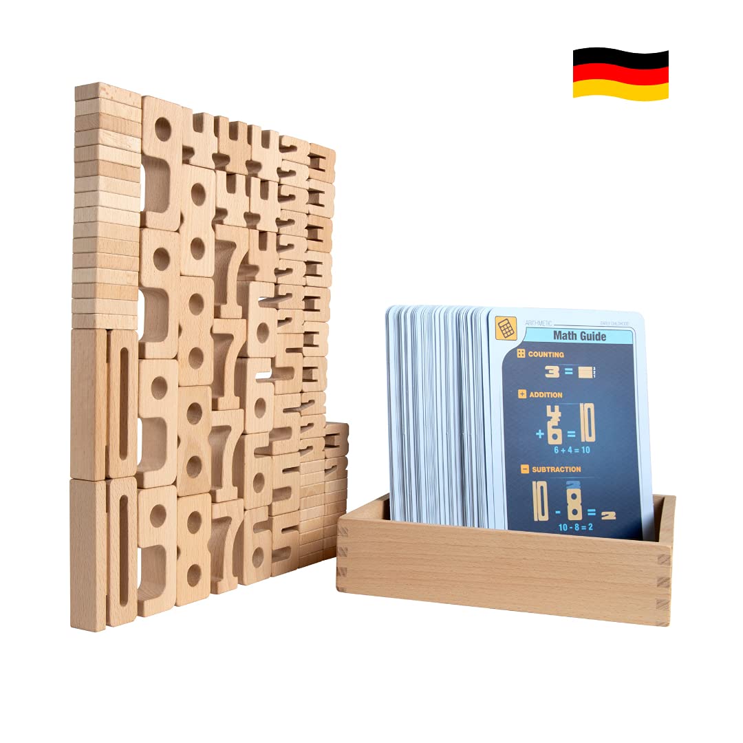 SumBlox Mini (Basic Set) - 80 Wooden Building Blocks Made of Solid Beech - Premium Number Building Blocks Montessori Toy - With 80 Activity Cards in German to Promote Playful Learning.