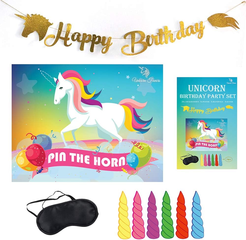 Unicorn Favors Pin The Horn On The Unicorn Birthday Game - Unicorn Party Supplies with Bonus Glitter Happy Birthday Unicorn Banner Decorations (Gold)