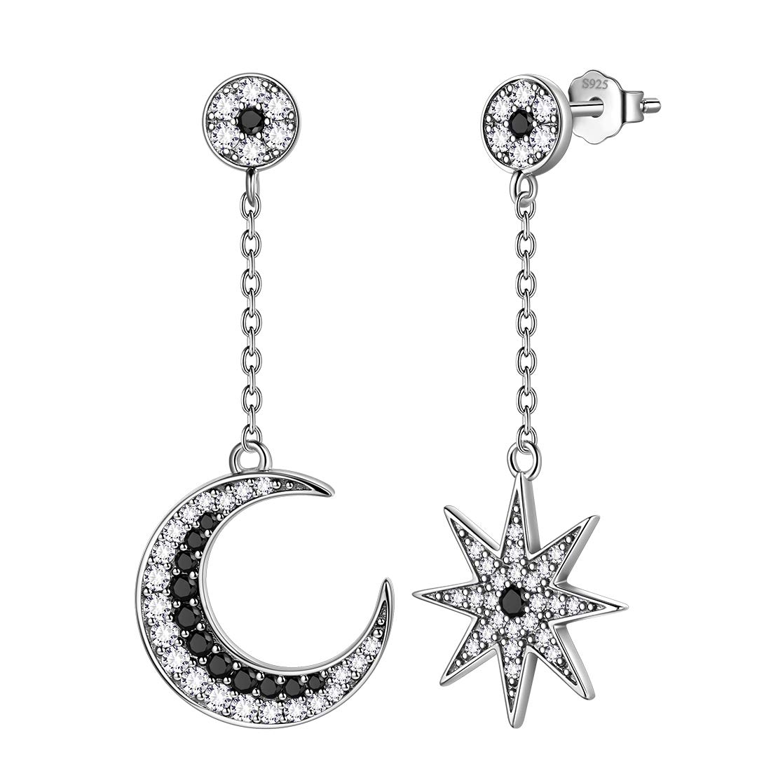 Aurora Tears Moon Star Dangle Earrings 925 Sterling Sliver Asymmetry Crescent Moon Star Stud Earrings with Cubic Zirconia Jewelry Gift for Women and Girls DE0163W