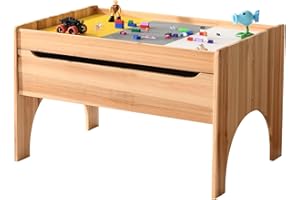 BIRASIL Wooden Kids Activity Table with Storage, Multi-Purpose Sensory Table for Children, Play Table Compatible with Building Block Board for Preschool Toddler Boy & Girl (Classic-with Drawer)