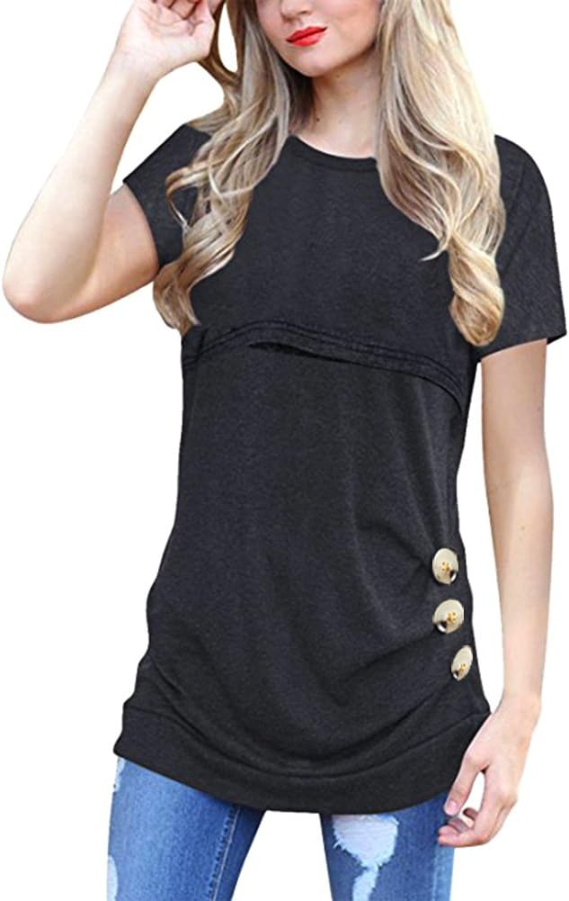 Women Breastfeeding Nursing Tops Button Side Short Sleeve Maternity Shirt