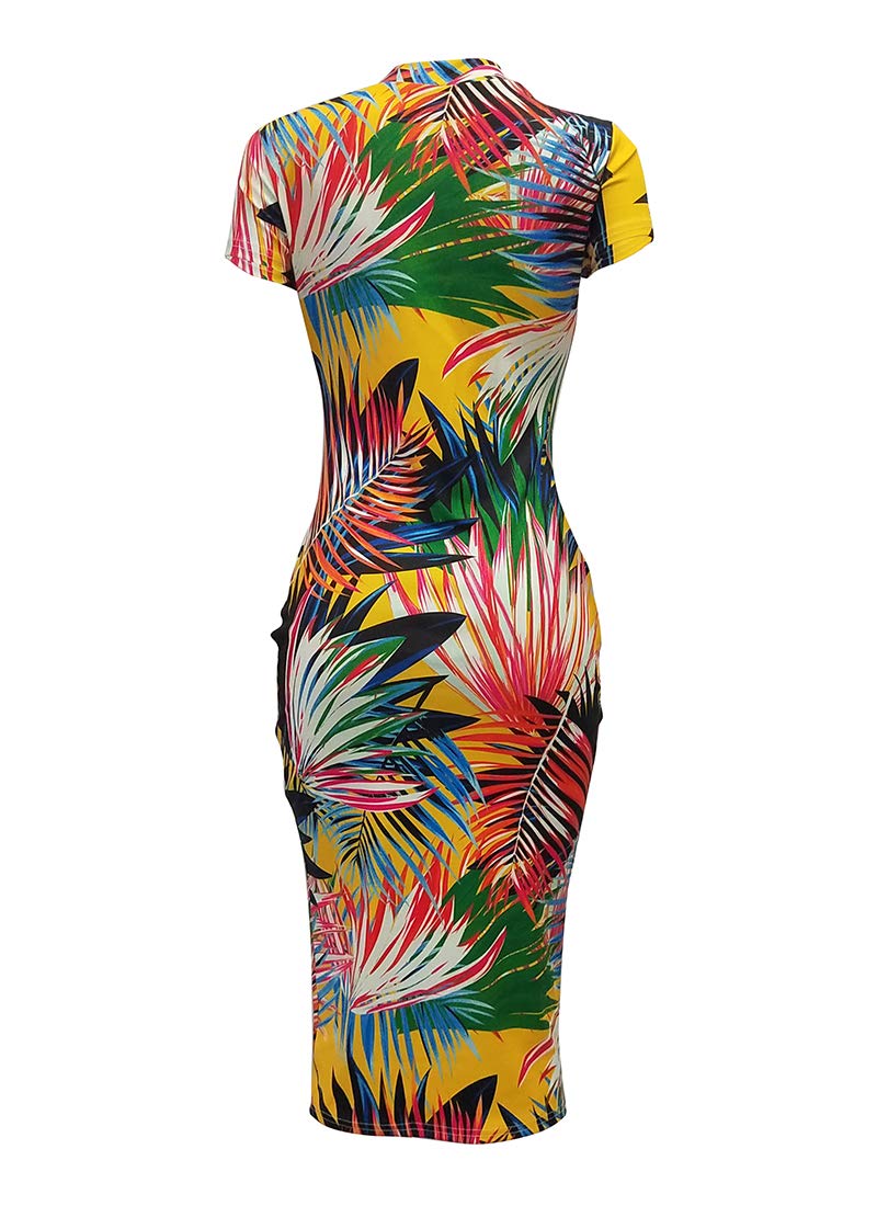 Women’s Bodycon Floral Midi Dress - Casual Sexy Tight Pencil Maxi Dress with Front Tie Bow Knot Rainbow1 2XL