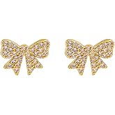 Bow Earrings for Women 14K Gold Plated Rhinestone Bow Stud Earrings Dainty Bowknot Ribbon Earrings Christmas Jewelry Gift for Women