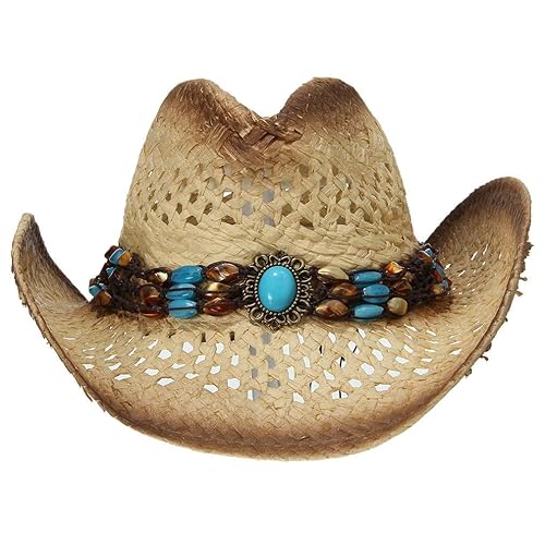 DEMU Herren Damen Cowboyhut Strohhut Westernhut Hut mit Hutband Türkis Sonnenhut Sommer Cap