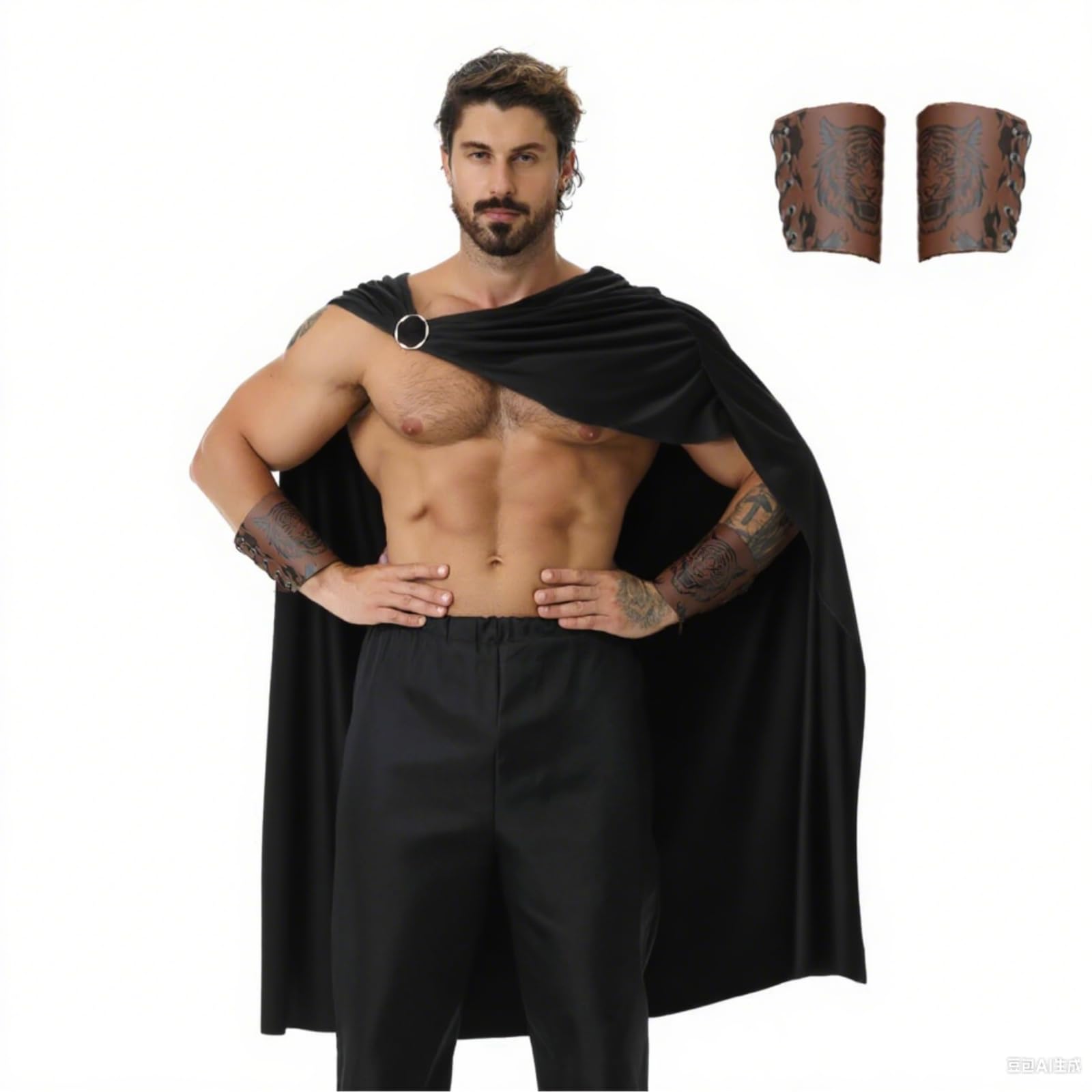 maxToonrain Men's Spartan Warrior Costume with 2 Pcs Wristbands Greek Roman Gladiator Soldier Cloak Historic Fancy Dress for Halloween Christmas Larp World Book Day (Black, 118CM)