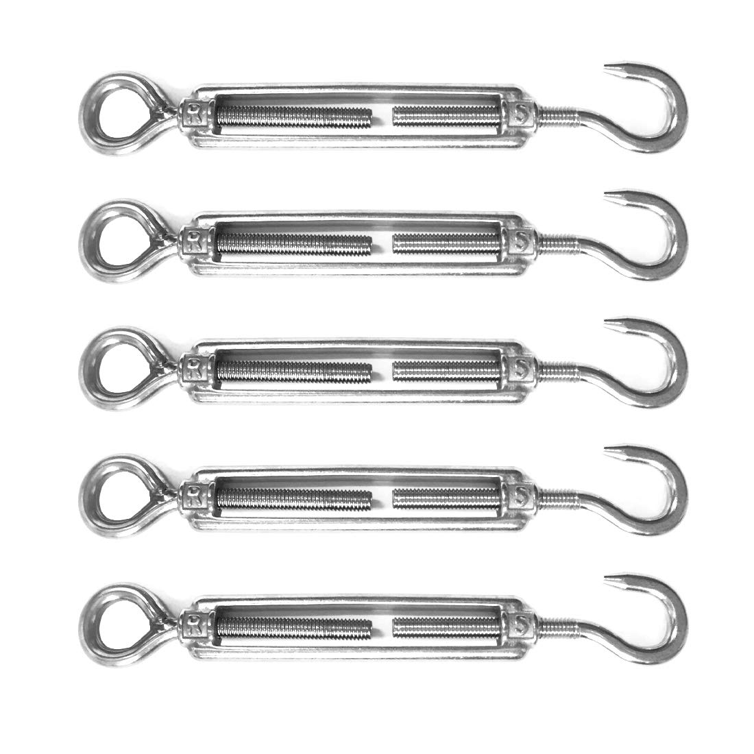 VEDA 5 Pcs M5 Stainless Steel 304 Turnbuckle – Hook and Eye Tensioners for Wire Ropes, Cables, Chains – Ideal for Garden Fencing, Shade Sails & DIY