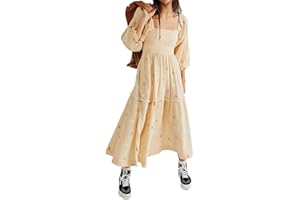 ABYOVRT Women Floral Embroidered Maxi Dress Long Puff Sleeve Square Neck Bohemian Flowy Dress with Pockets Smocked Fall Dress