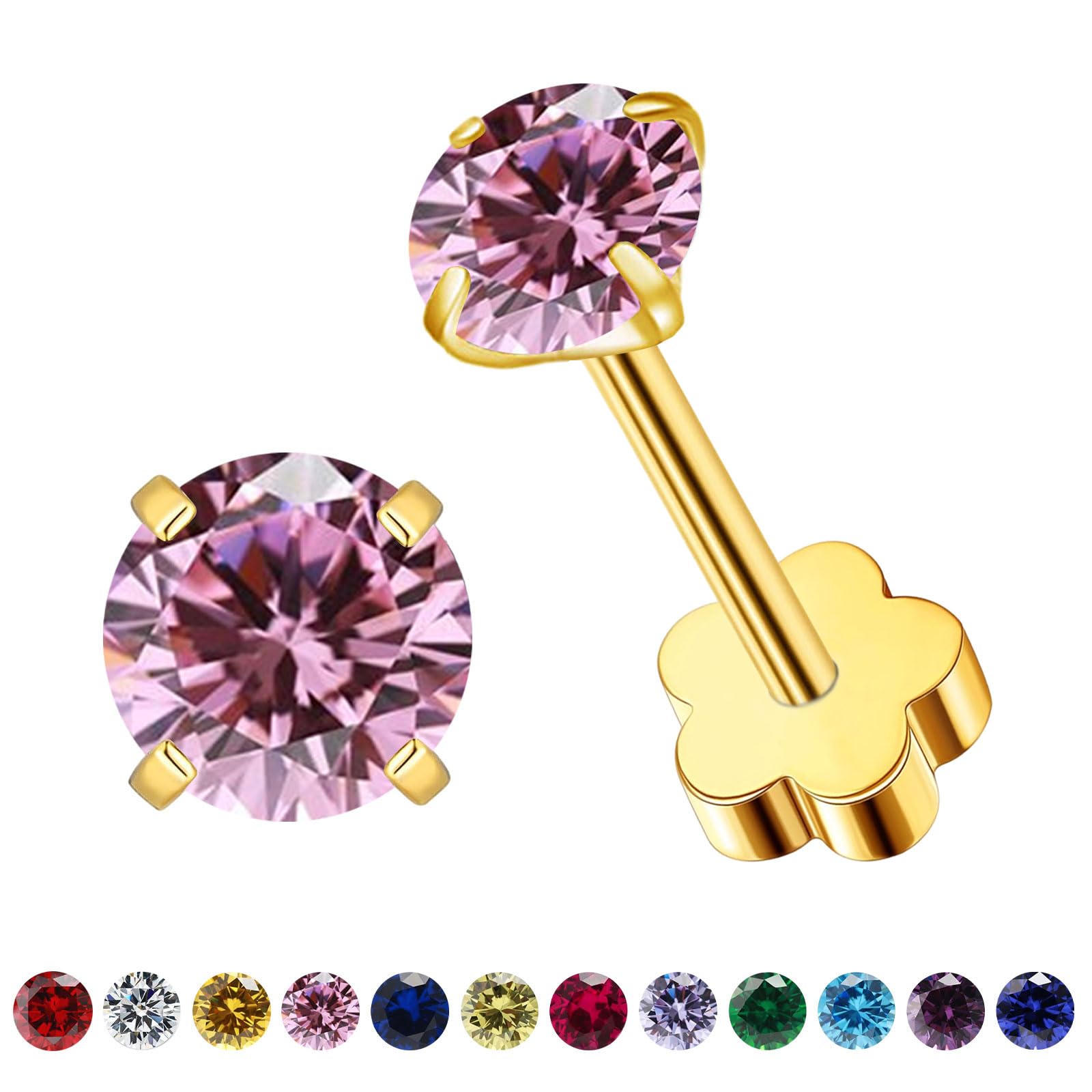 Photo 1 of VDKIDKT Flower Screw Back Birthstone Stud Earrings for Women Girls, 3mm G23 Tiny CZ Flat Back Stud Earrings, Screw Back Helix Earrings (Gold, 10.Oct-Tourmaline)