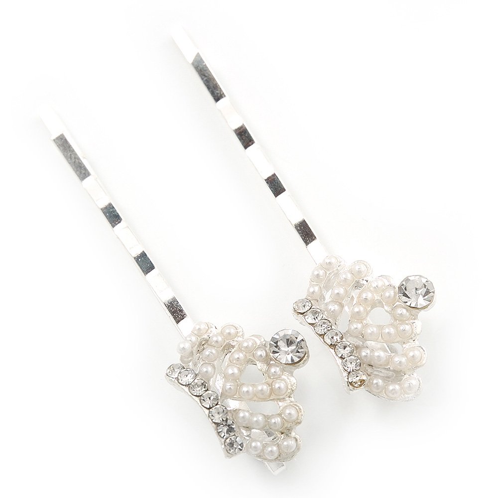 2 Bridal/Prom Crystal, Simulated Pearl 'Crown' Hair Grips/Slides In Rhodium Plating - 50mm Across