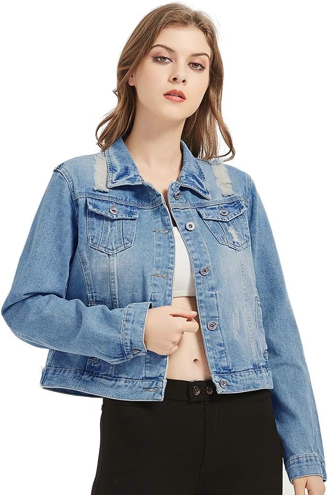 Women's Denim Jacket Casual Ripped Button Up Cropped Distressed Jean Jacket Vintage Blue Trucker Jacket Long Sleeve