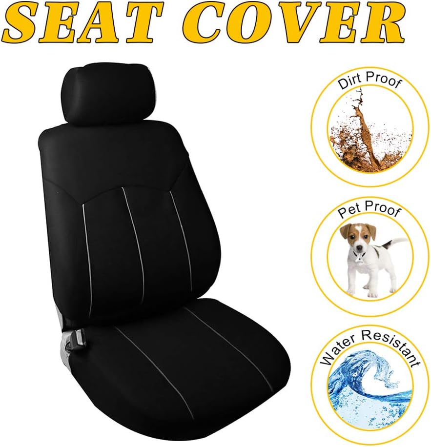 OCPTY Car Seat Cover, Stretchy Universal Seat Cushion w/Headrest Cover/Steering Wheel/Shoulder Pads 100% Breathable Automotive Accessories Washable Polyester for Most Cars(Black)