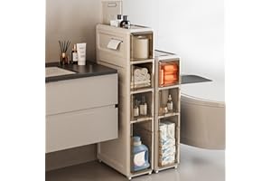 WEAFIEO Towel Storage for Small Bathroom, 3-Tier Standing Storage Cabinet with Clear Drawers and Silent Casters Side Narrow Organizer for Small Space Kitchen Laundry Gap - Already Assembled