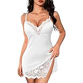 Kolagri Womens Sexy Satin Nightgown Spaghetti Strap Lace V Neck Lingerie Dress Slip Babydoll Chemise Sleep Wear