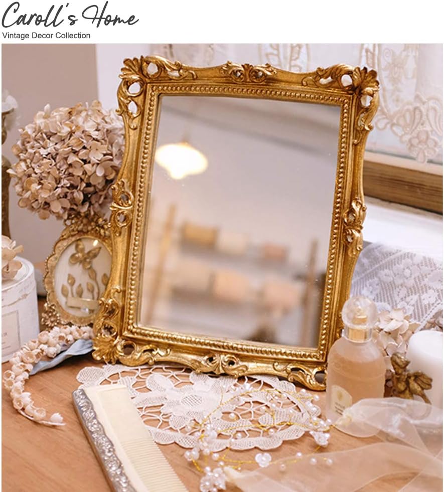 Caroll's Home Artistic Square Gold Wall Mirror, Elegant Decorative Vintage Baroque Wall-Mounted Mirror, Luxury Antique European Home Décor for Bedroom, Hallway, Living Room (Square Gold): Furniture & Decor