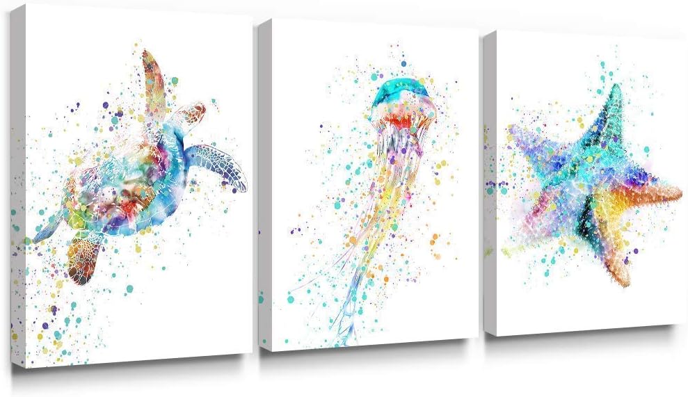 Paintings - Adecuado Coastal Wall Art Sea Turtle Jellyfish Starfish Beach Ocean Decorations Colorful Bathroom Decor Canvas Paintings Sea Life Watercolor Prints Hang for Living Room Bedroom 12x16 Inch, 3 Piece