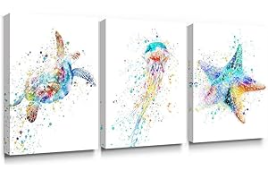 ADECUADO-ART Adecuado Coastal Wall Art Sea Turtle Jellyfish Starfish Beach Ocean Decorations Colorful Bathroom Decor Canvas Paintings Sea Life Watercolor Prints Hang for Living Room Bedroom 12x16 Inch, 3 Piece