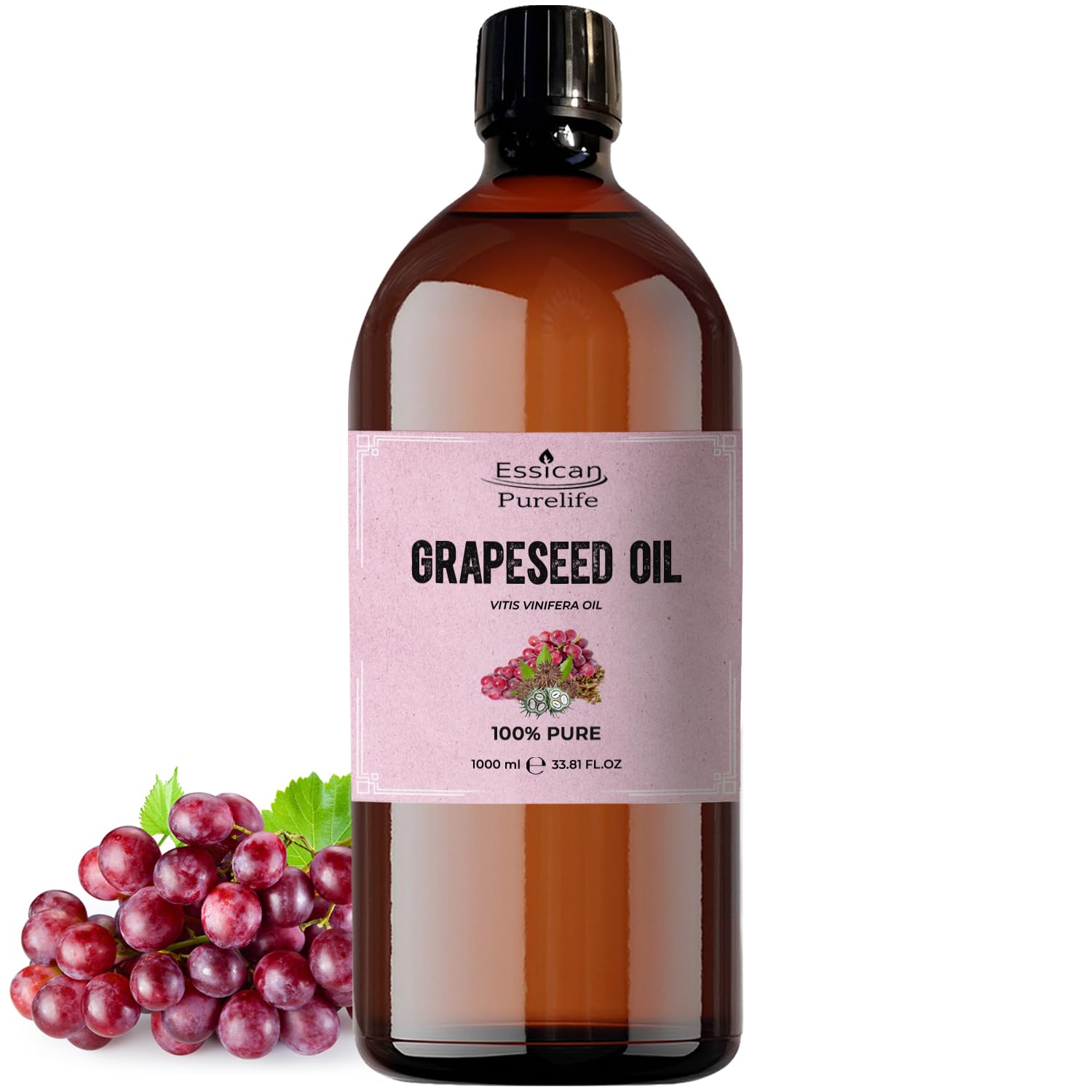 Essican Purelife 1000ml Pure Grape Seed Oil for Hair, Skin & Beard, Natural Grapeseed Oil Massage Aromatherapy Body Massage Oils - Multi Use & Nourishing Scalp Moisturiser Oils with Vitamin E
