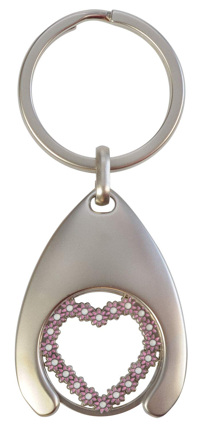 happyROSS Keychain with 1 Euro Shopping Trolley Token, Flower Heart Design - Ideal Gift for Shoppers