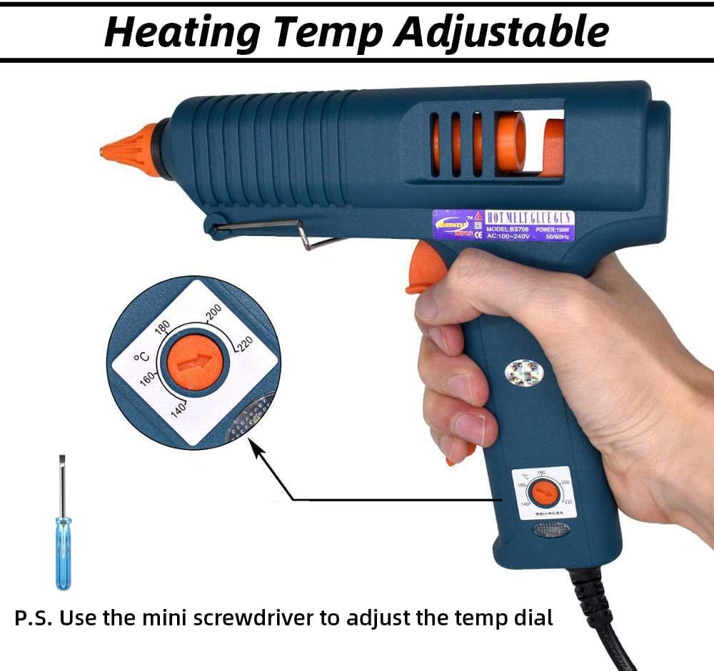 Craft Glue Gun Set, 150 Watts with 3 Copper Nozzles Temperature Adjustable DIY Repair Tool Professional Melting Glue Gun Include tweezer, Knife, Wrench, Finger Tips, Silicone mat and 5 Glue Sticks