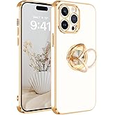 Fingic for iPhone 14 Pro Case with Ring Stand, [360° Rotatable Ring Holder Magnetic Kickstand] [Shiny Plating Gold Edge] Slim Soft TPU Shockproof Protective Cover Case for Women Men Girls, White