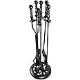 ATiyyo 5 Pieces Fireplace Tools Sets Wrought Iron Firewood Kit with Handle Durable Tool Set and Holder for Fire Pit Stand Indoor Tong Shovel Poker Brush Firewood Accessories (Black)