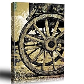 Illustrated wagonwheel - Scratchboard Antique Americana - Wood Grain - Images from The Old West - Sepia Tone Artwork - Canvas Art Home Art - 12x18 inches