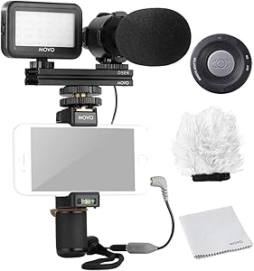 Movo Smartphone Video Rig Kit V7 with Grip Rig, Pro Stereo Microphone, LED Light and Wireless Remote - YouTube Equipment for iPhone 5, 5C, 5S, 6, 6S, 7, 8, X, XS, XS Max, 11, 11 Pro, Samsung Galaxy