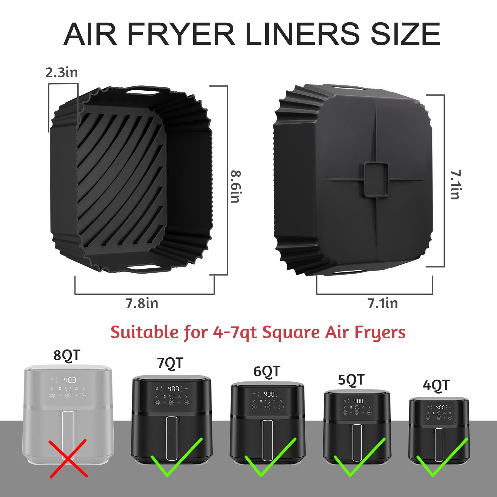 Air Fryer Silicone Liners 2 Pack, Reusable Square Air fryer Basket Liners, 4-7Qt Silicone Baking Tray for Instant Air fryer, Oven Microwave Pot Accessories, Food Grade Kitchen Gadgets
