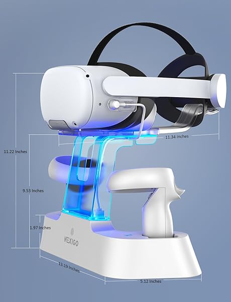 NEXIGO ENHANCED CHARGING DOCK WITH LED LIGHT [ON/OFF] FOR OCULUS QUEST 2, [SUPPORT ELITE STRAP WITH BATTERY], HEADSET DISPLAY HOLDER AND CONTROLLER MOUNT, 2 RECHARGEABLE BATTERIES, USB-C CHARGER