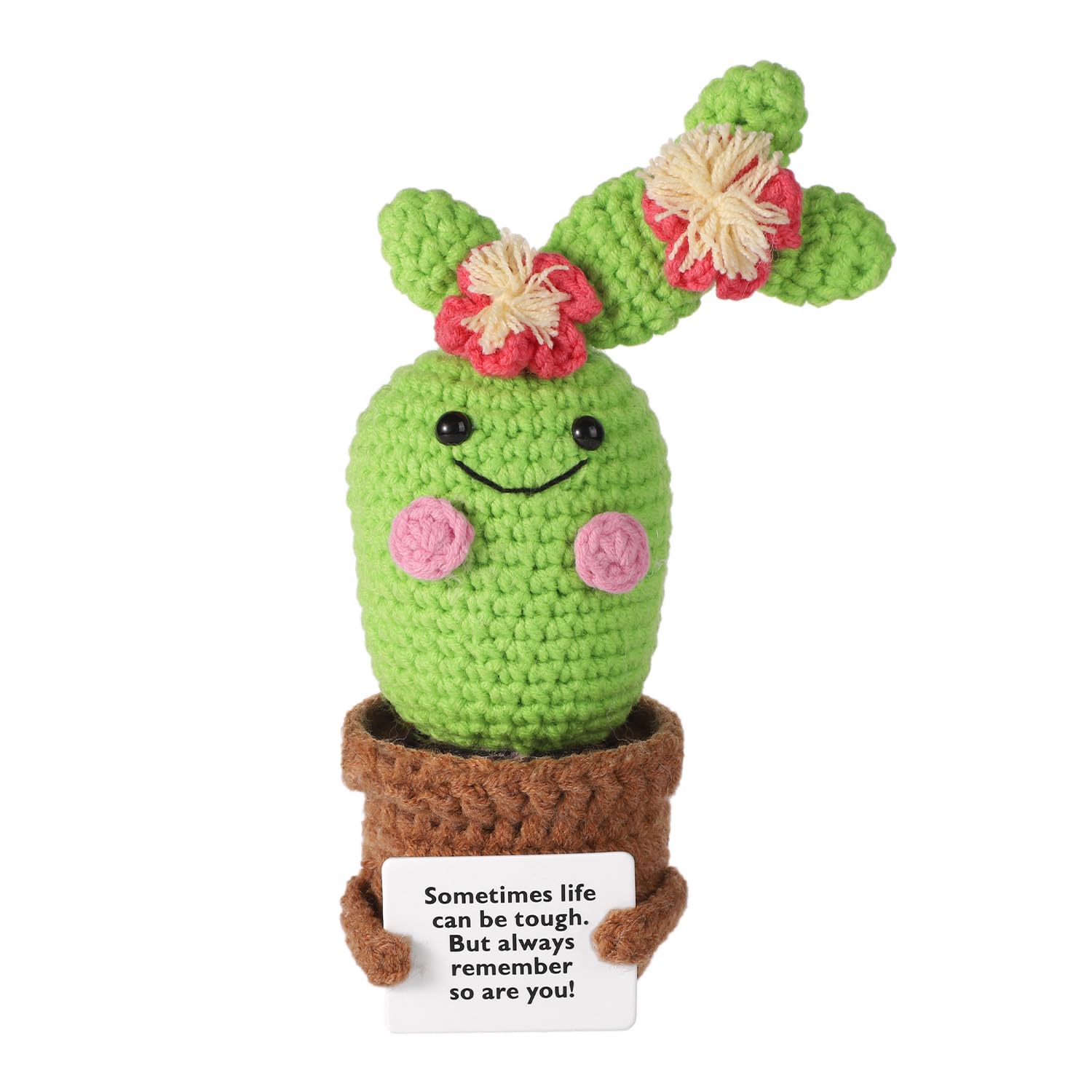lasuroa Positive Cactus Crochet, 6.5 Inch Handmade Knitted Cactus Toy Cute Funny Mexican Fiesta Cactus Plant Life Doll Gifts with Encouragement Card for Adults Kids Decor