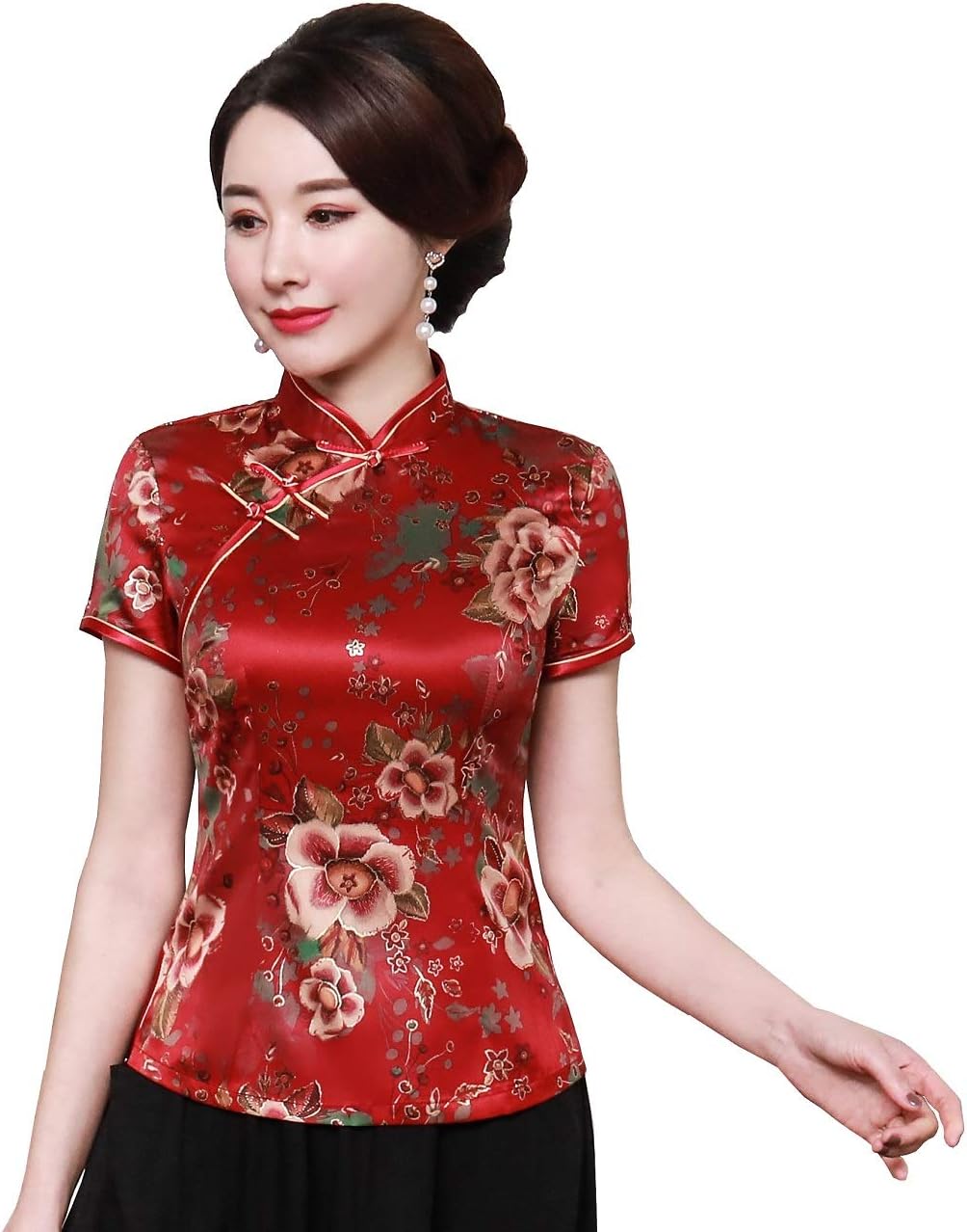 Shanghai StoryCheongsam Shirt Short Sleeve Qipao Top Faux Silk Chinese Blouse