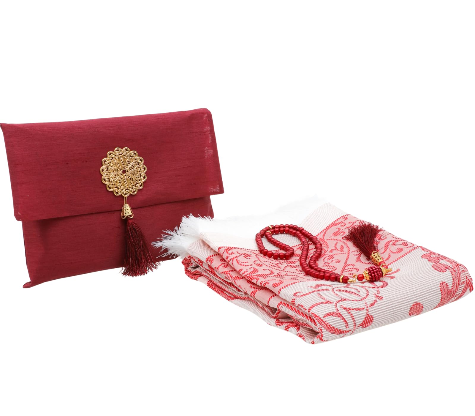 Prien Muslim Prayer Rug With Tasbih Beads and Portable Bag, Muslim Gift For Women Men, Mubarak Islamic Box, Soft Mat Gifts Set, Turkish Carpet For Ramadan, Eid, Hajj, Travel (Red)