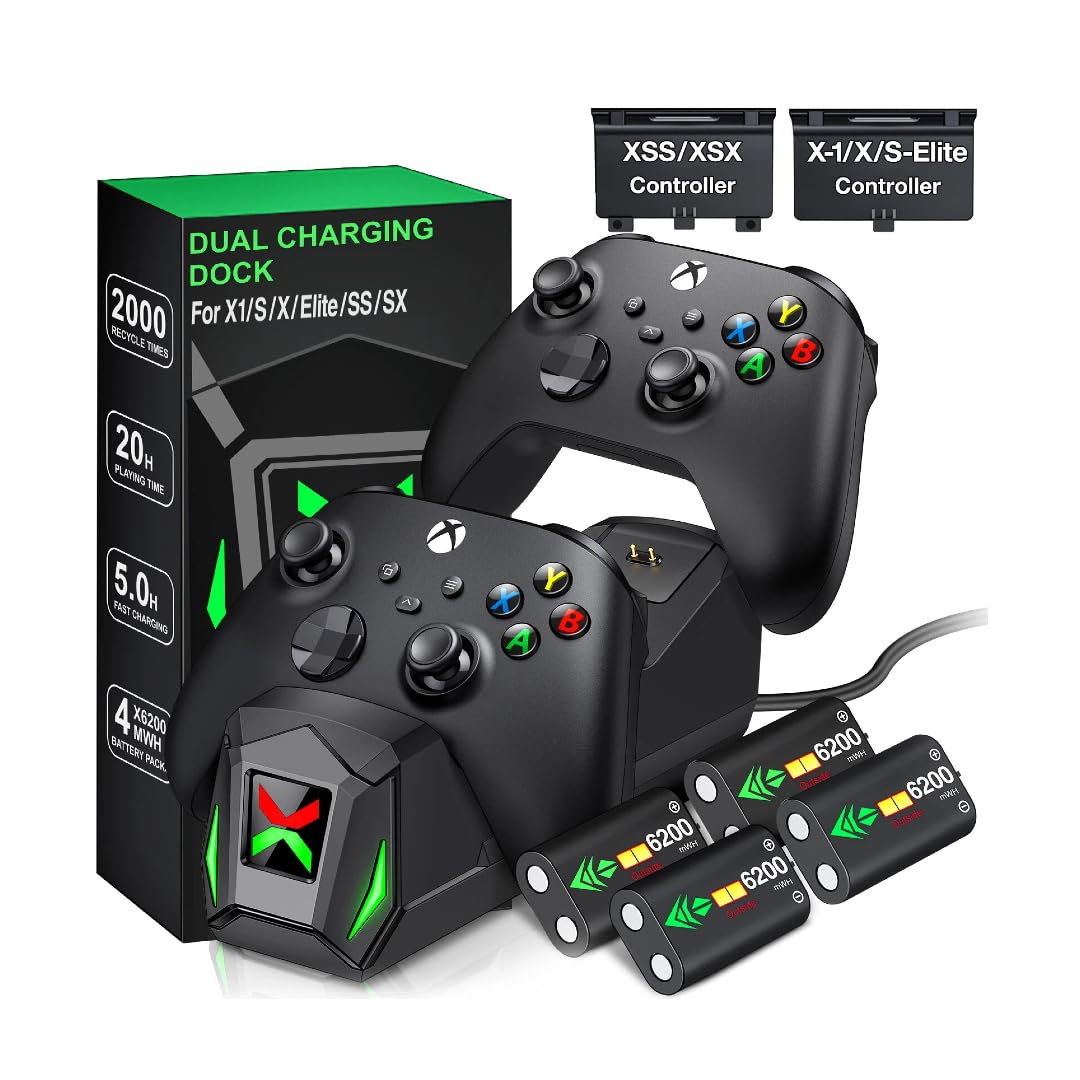 Controller Charger Station with 4x6200mWh Rechargeable Battery Compatible with One/Series X|S Controller | 4 Battery Covers, 2 for X1/X/S/Elite & 2 for Xbox Series S and X, Christmas Accessories