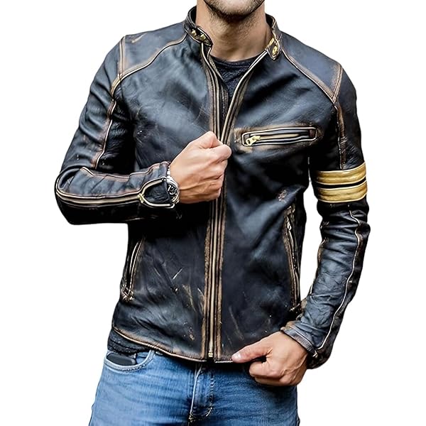 Golden  レザージャケット Men's Black Cafe Racer Golden Stripes Motorcycle Distressed