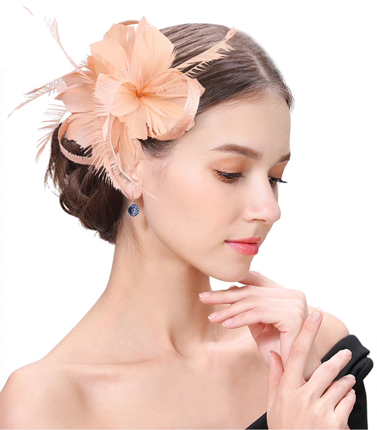 Photo 1 of ELLYDOOR Fascinator Hats for Women Feather Flower Hair Clip Brooch Wedding Tea Party Hat Derby Race Headwear (08 Peach Pink Flower)