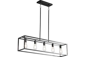 XISLTHOTSL Black Farmhouse Kitchen Island Lighting, Modern Industrial Chandelier, 5-Light Linear Rectangular Pendant Light Fixtures for Farmhouse Kitchen Dining Room Bar Foyer(Metal, Height Adjustable)