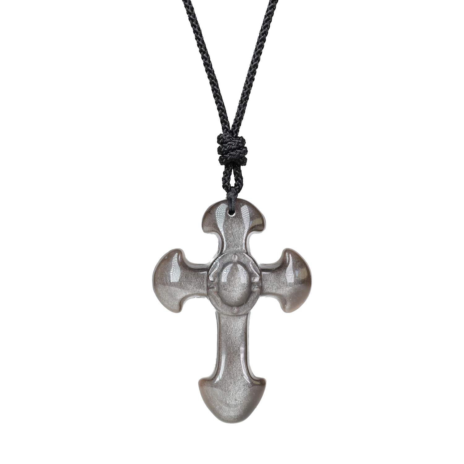 COAI Womens Mens Religious Jewelry Cross Silver Sheen Obsidian Stone Pendant Necklace