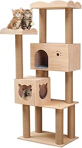 Wooden Cat Tree Condo with Natural Sisal Rope Scratching Post, Activity Tower for Cats Kittens Activity Tower Pet Play House Furniture Indoor