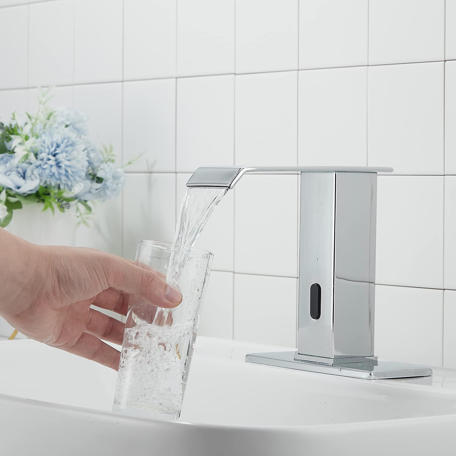 Automatic Sensor Chrome Touchless Bathroom Sink Faucet with Hole Cover Plate Vanity Faucets Hands Free Waterfall Bathroom Water Tap with Control Box and Temperature Mixer by GGStudy: Home Improvement