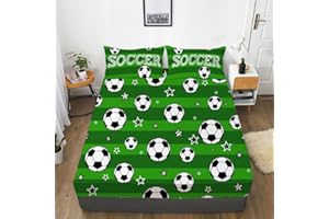 Gusuhome Boy Soccer Sheet Set Twin Size - Green 3D Sports Ball Star Bedding for Teens and Kids Teens - Soccer Playground Soft Microfiber Bed Set All Season (1 Fitted Sheet + 1 Pillow Cases)