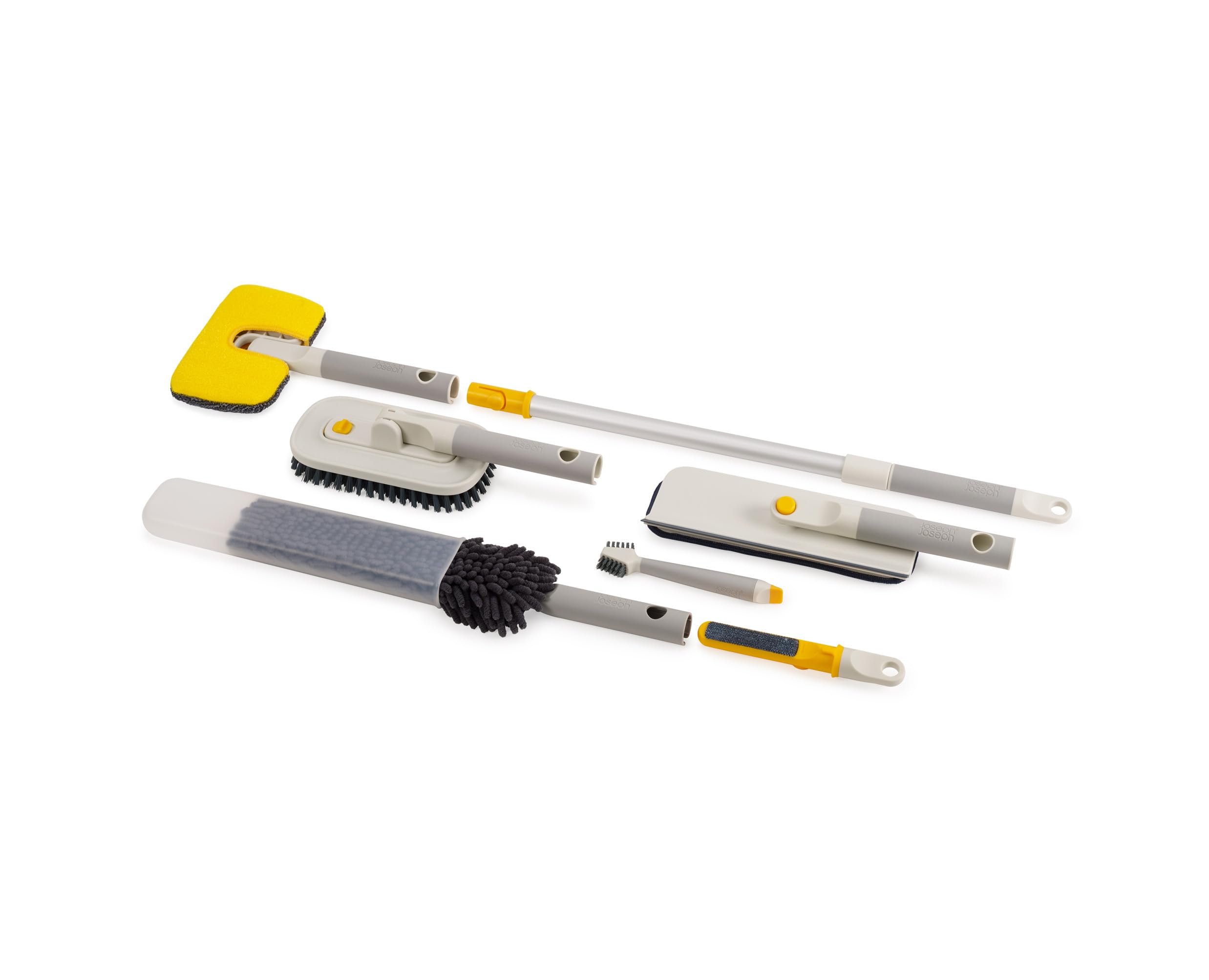 Photo 1 of Joseph Joseph CleanTech 6-Piece Cleaning Set with Extension Handle, Includes: Glass Cleaner w/Squeegee, Tile Scrubber, Grout Brush, Surface Cleaner and Duster with Telescopic Pole for Ceiling Fan