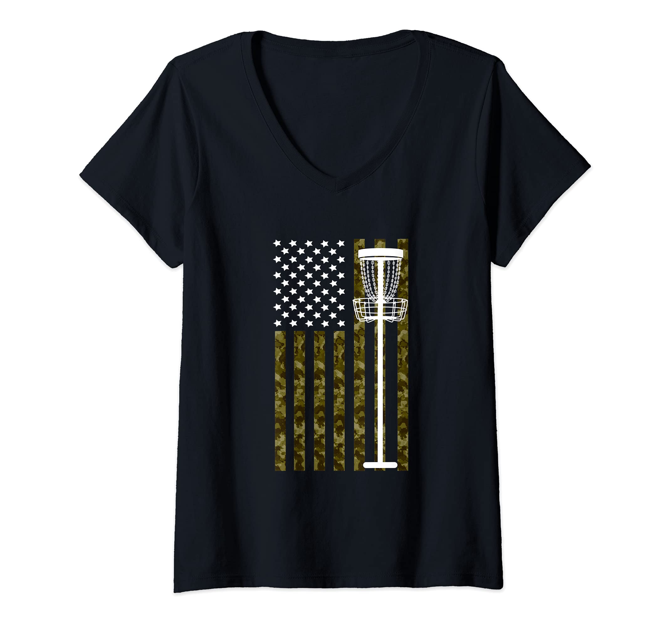 Womens Disc Golf American Camouflage Flag For Player And Team V-Neck T-Shirt